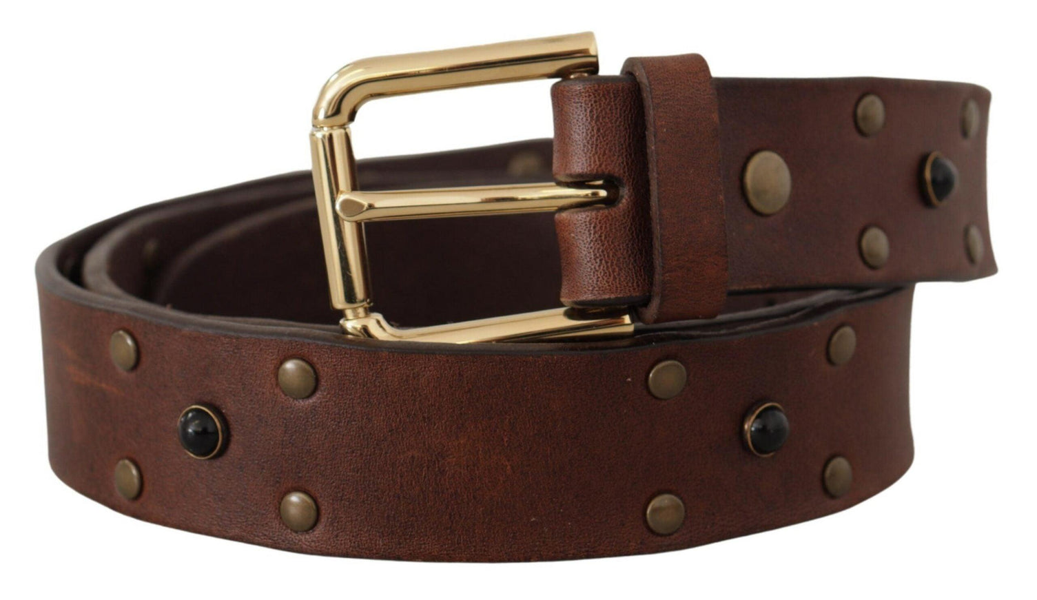 Dolce & Gabbana Brown Leather Studded Gold Tone Metal Buckle Belt - Ellie Belle