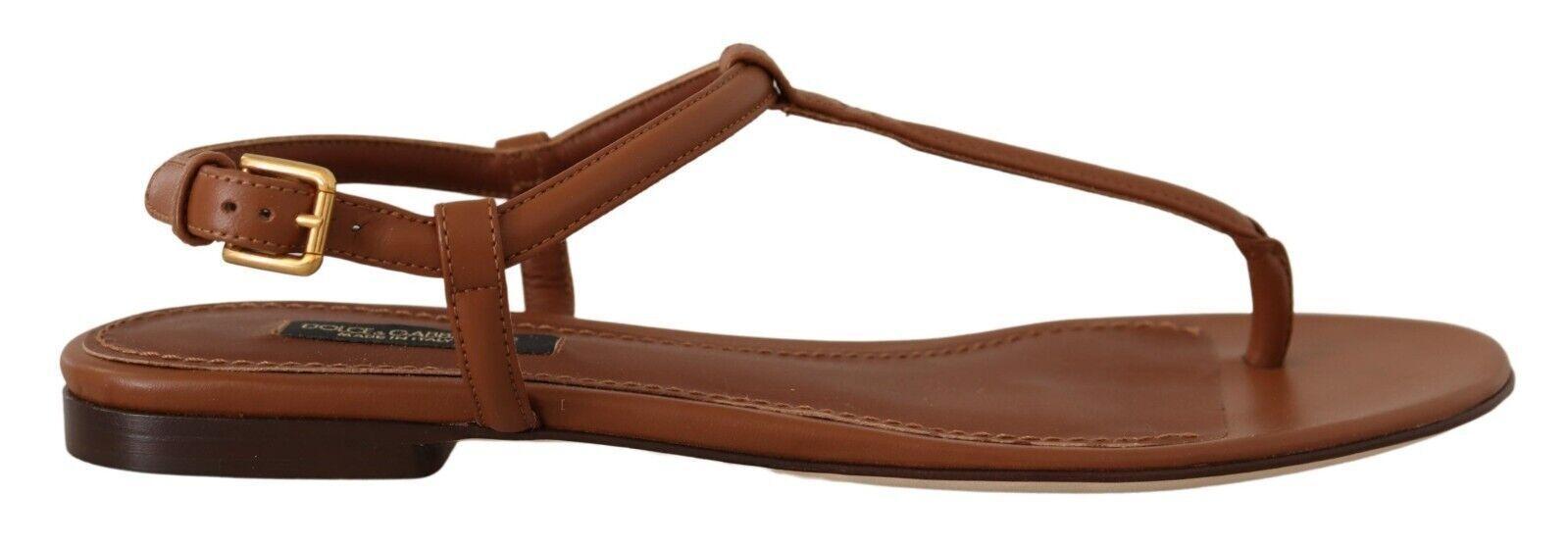 Dolce & Gabbana Brown Leather T-strap Slides Flats Sandals Shoes - Ellie Belle