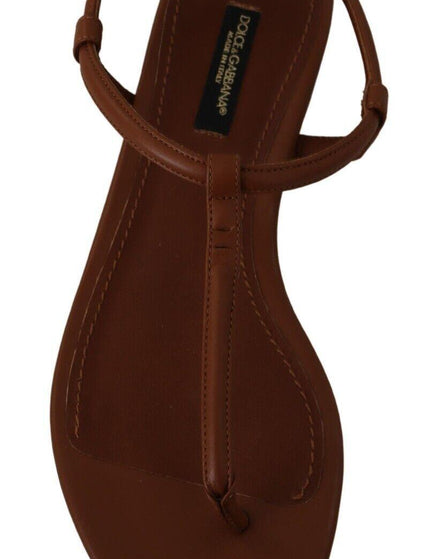 Dolce & Gabbana Brown Leather T-strap Slides Flats Sandals Shoes - Ellie Belle