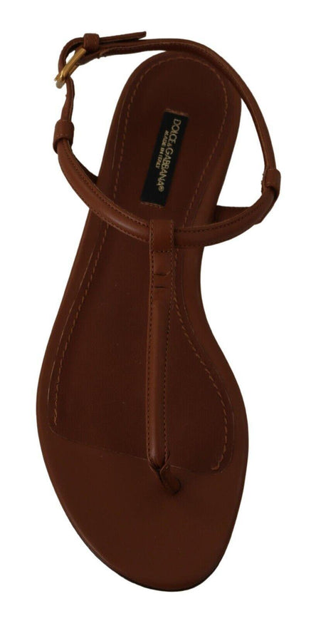 Dolce & Gabbana Brown Leather T-strap Slides Flats Sandals Shoes - Ellie Belle