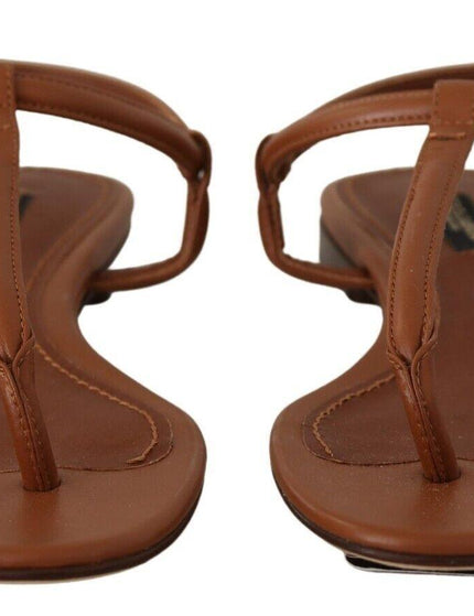 Dolce & Gabbana Brown Leather T-strap Slides Flats Sandals Shoes - Ellie Belle