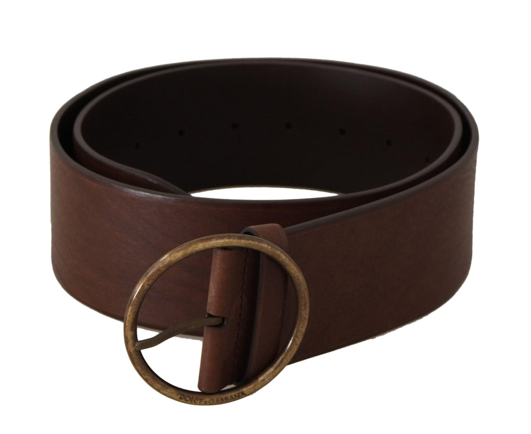 Dolce & Gabbana Brown Leather Wide Waist Logo Metal Round Buckle Belt - Ellie Belle