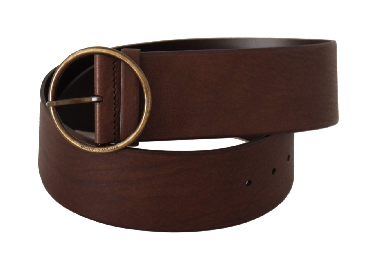 Dolce & Gabbana Brown Leather Wide Waist Logo Metal Round Buckle Belt - Ellie Belle