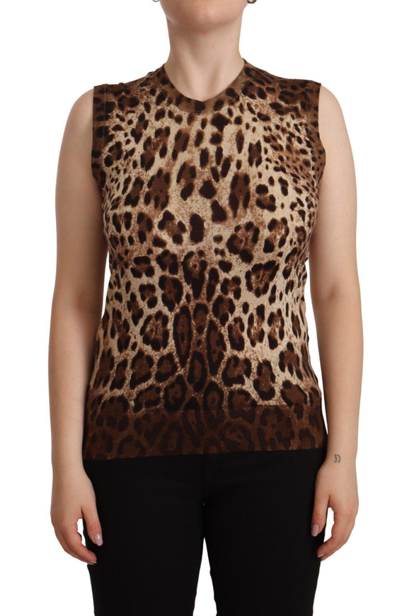 Dolce & Gabbana Brown Leopard Cashmere Silk Tank Blouse Top - Ellie Belle