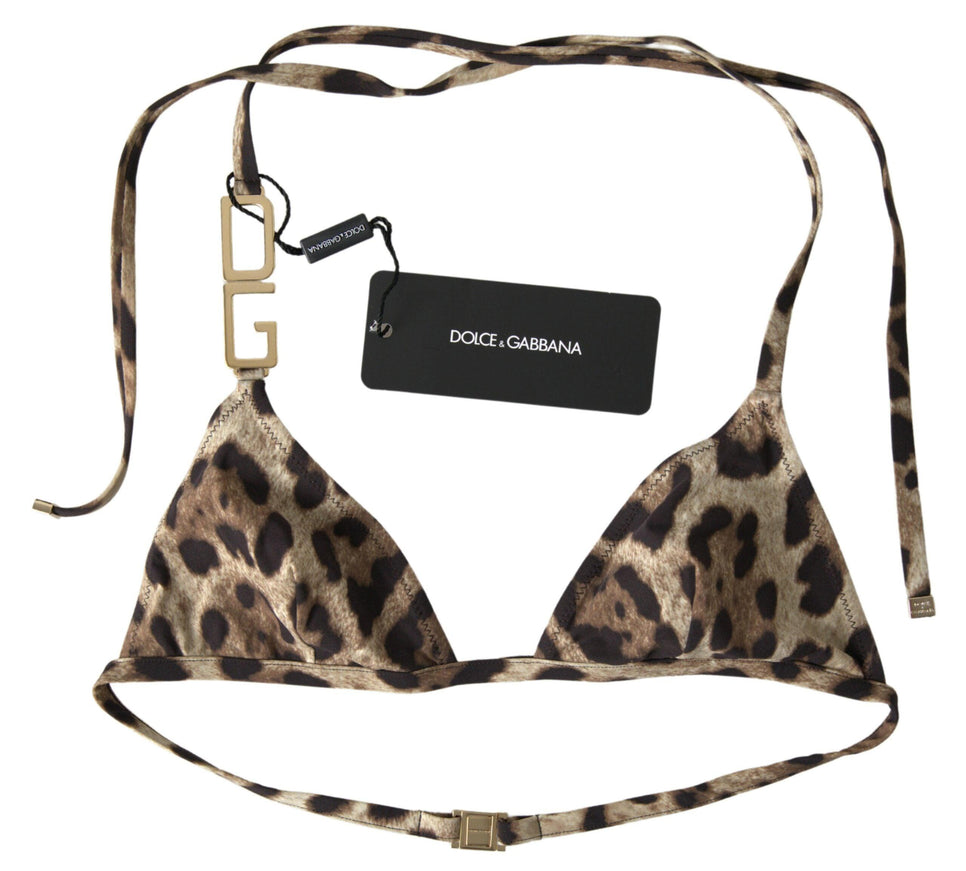 Dolce & Gabbana Brown Leopard DG Metal Strap Beachwear Bikini Tops - Ellie Belle