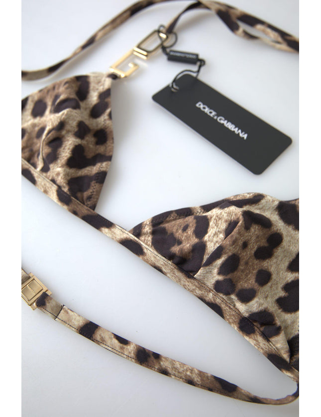 Dolce & Gabbana Brown Leopard DG Metal Strap Beachwear Bikini Tops - Ellie Belle