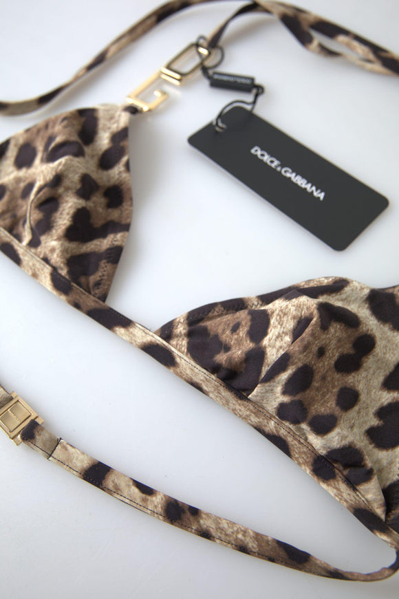 Dolce & Gabbana Brown Leopard DG Metal Strap Beachwear Bikini Tops - Ellie Belle