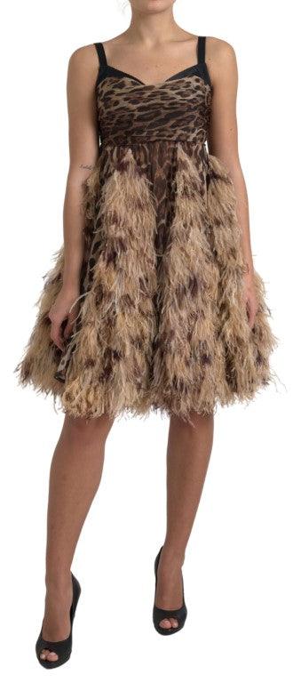 Dolce & Gabbana Brown Leopard Feather Chiffon Sleeveless Dress - Ellie Belle