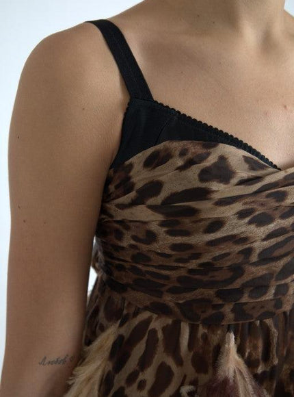 Dolce & Gabbana Brown Leopard Feather Chiffon Sleeveless Dress - Ellie Belle
