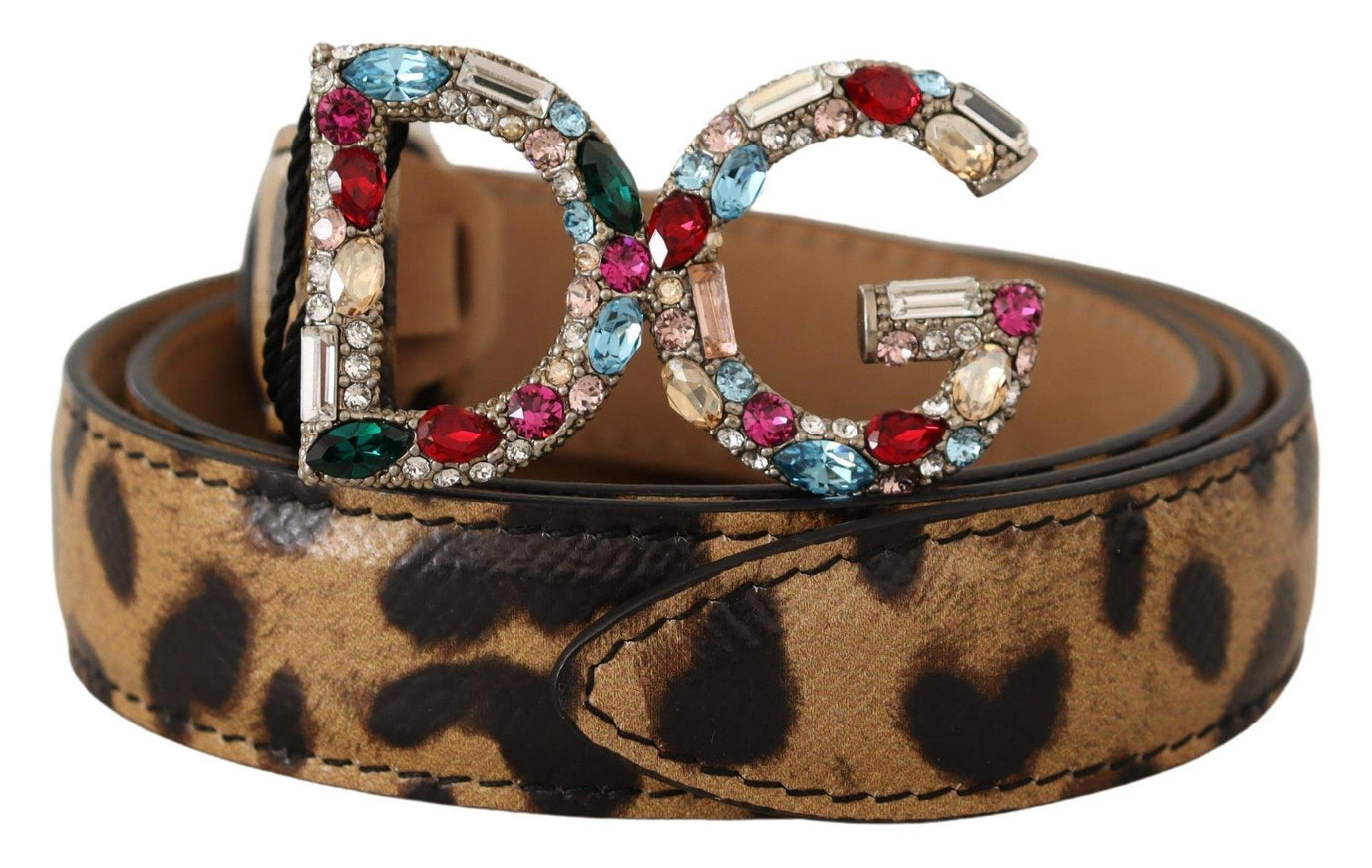 Dolce & Gabbana Brown Leopard Leather DG Crystals Buckle Belt - Ellie Belle