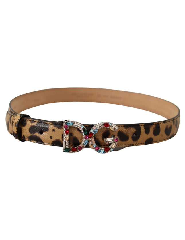 Dolce & Gabbana Brown Leopard Leather DG Crystals Buckle Belt - Ellie Belle