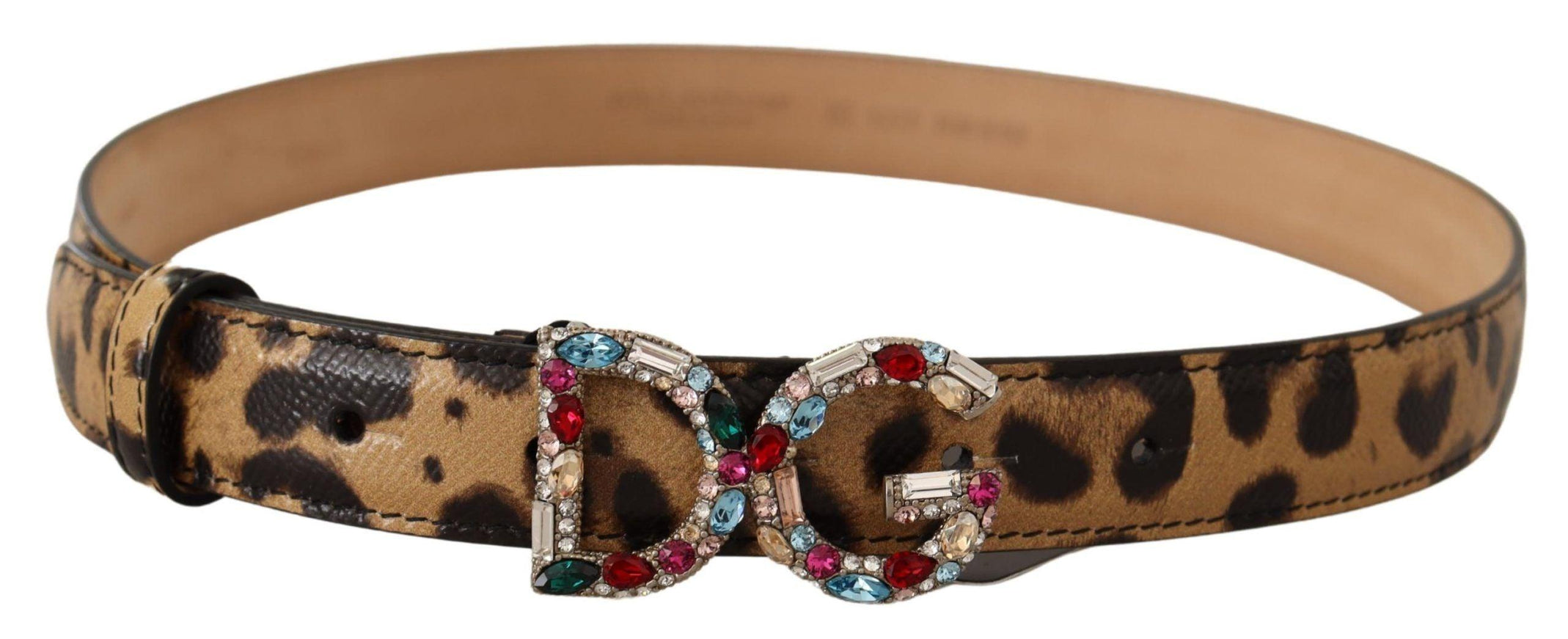 Dolce & Gabbana Brown Leopard Leather DG Crystals Buckle Belt - Ellie Belle