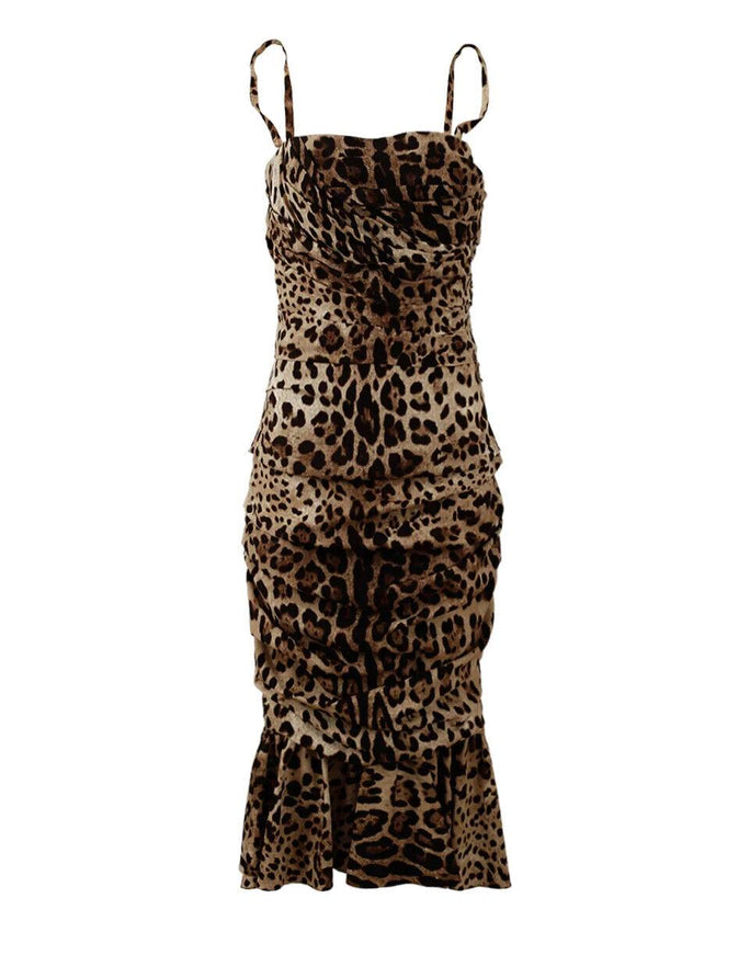 Dolce & Gabbana Brown Leopard Print Ruched Midi Dress - Ellie Belle