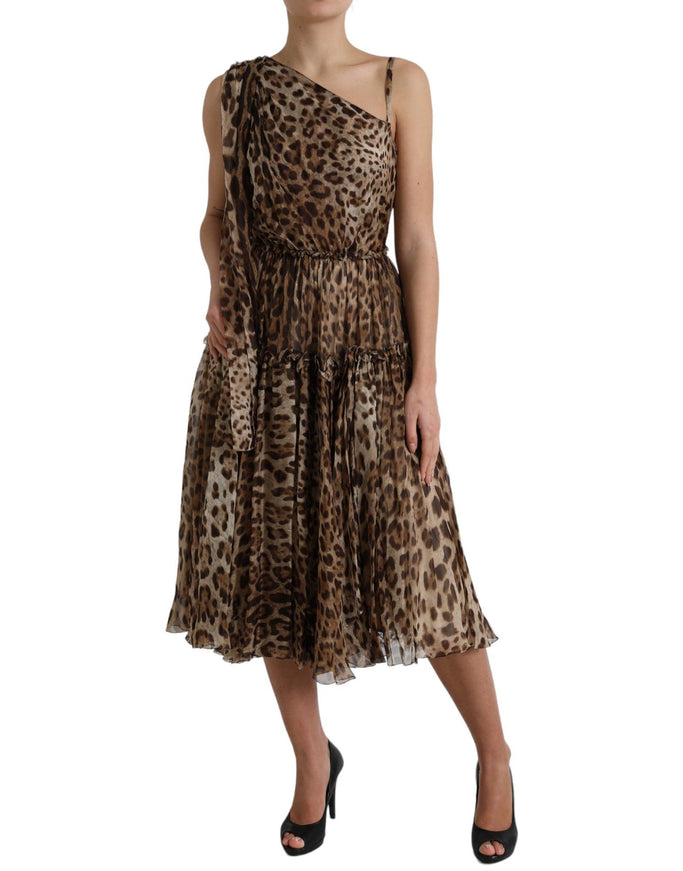 Dolce & Gabbana Brown Leopard Print Silk Ruffled Midi Dress - Ellie Belle