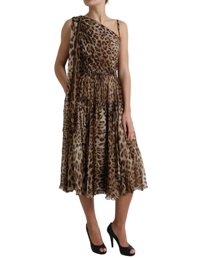 Dolce & Gabbana Brown Leopard Print Silk Ruffled Midi Dress - Ellie Belle