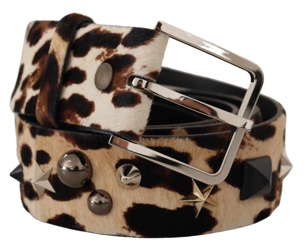 Dolce & Gabbana Brown Leopard Print Studded Leather Metal Buckle Belt - Ellie Belle