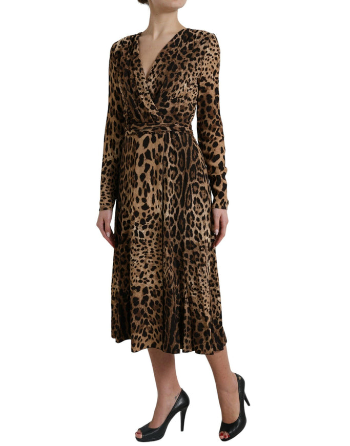 Dolce & Gabbana Brown Leopard Print Wrap Effect Midi Dress - Ellie Belle