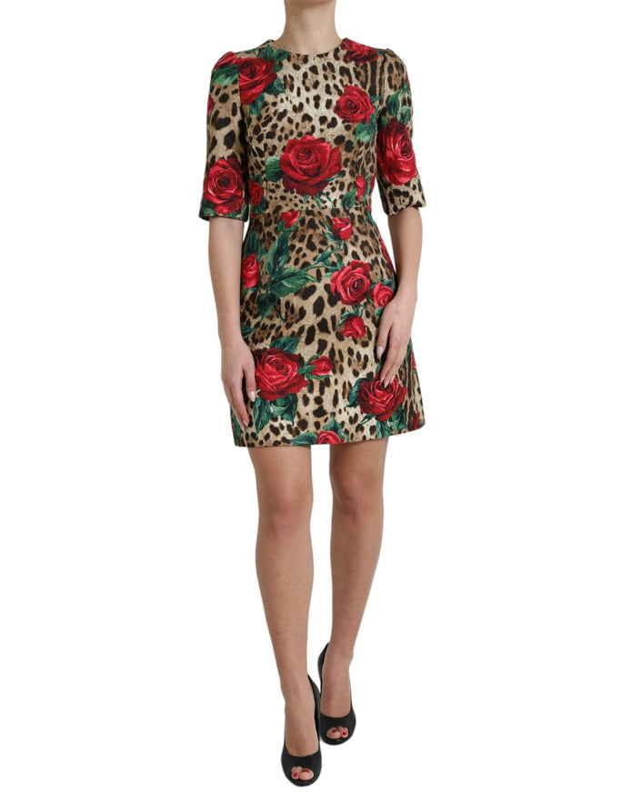 Dolce & Gabbana Brown Leopard Red Roses Cotton A-line Dress - Ellie Belle