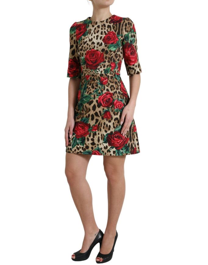 Dolce & Gabbana Brown Leopard Red Roses Cotton A-line Dress - Ellie Belle