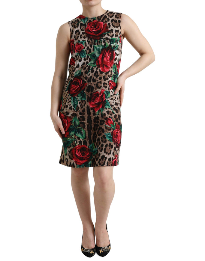 Dolce & Gabbana Brown Leopard Red Roses Wool Dress - Ellie Belle