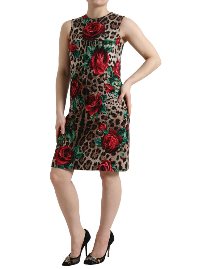 Dolce & Gabbana Brown Leopard Red Roses Wool Dress - Ellie Belle