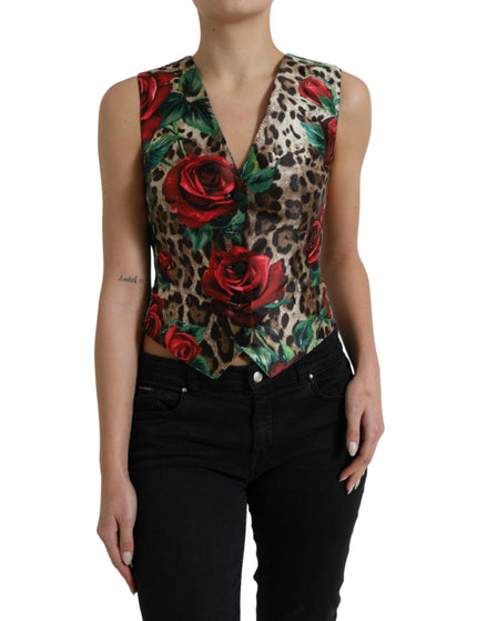 Dolce & Gabbana Brown Leopard Rose Silk Waistcoat Vest Top - Ellie Belle
