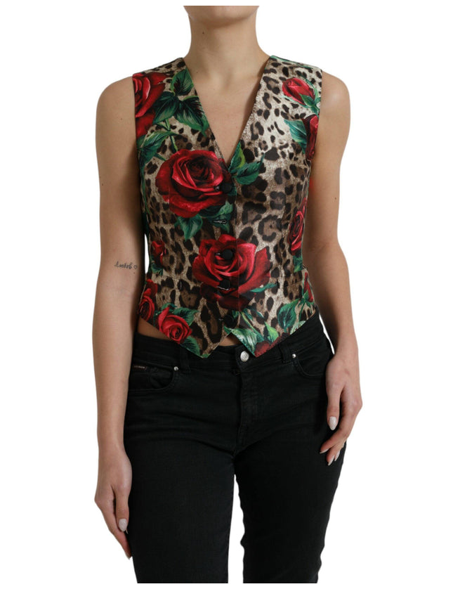Dolce & Gabbana Brown Leopard Rose Silk Waistcoat Vest Top - Ellie Belle