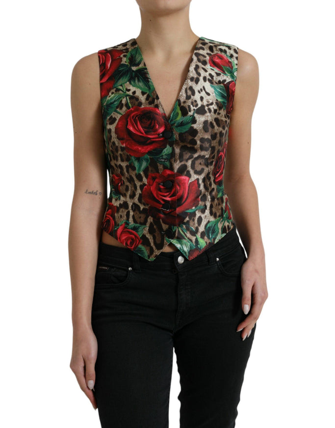 Dolce & Gabbana Brown Leopard Rose Silk Waistcoat Vest Top - Ellie Belle