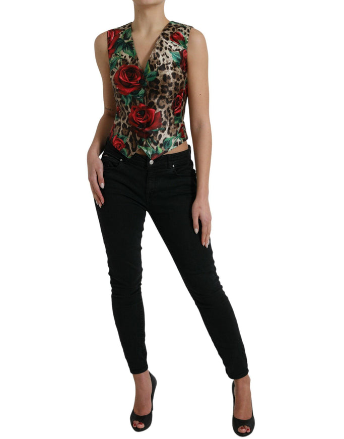 Dolce & Gabbana Brown Leopard Rose Silk Waistcoat Vest Top - Ellie Belle