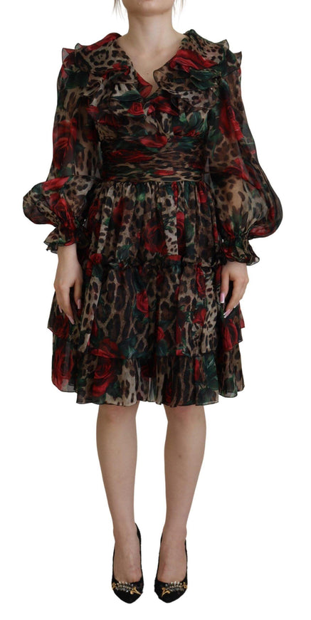 Dolce & Gabbana Brown Leopard Roses Silk Ruffled Gown Dress - Ellie Belle