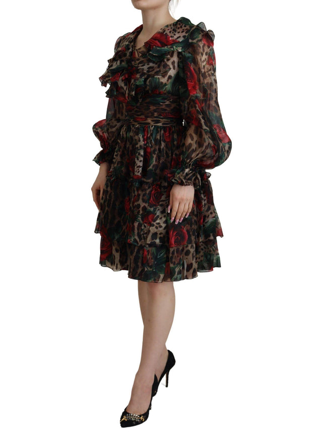 Dolce & Gabbana Brown Leopard Roses Silk Ruffled Gown Dress - Ellie Belle
