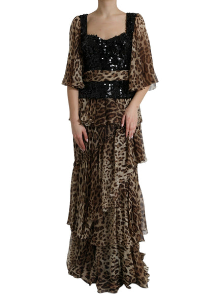 Dolce & Gabbana Brown Leopard Sequined Tiered Long Gown Dress - Ellie Belle