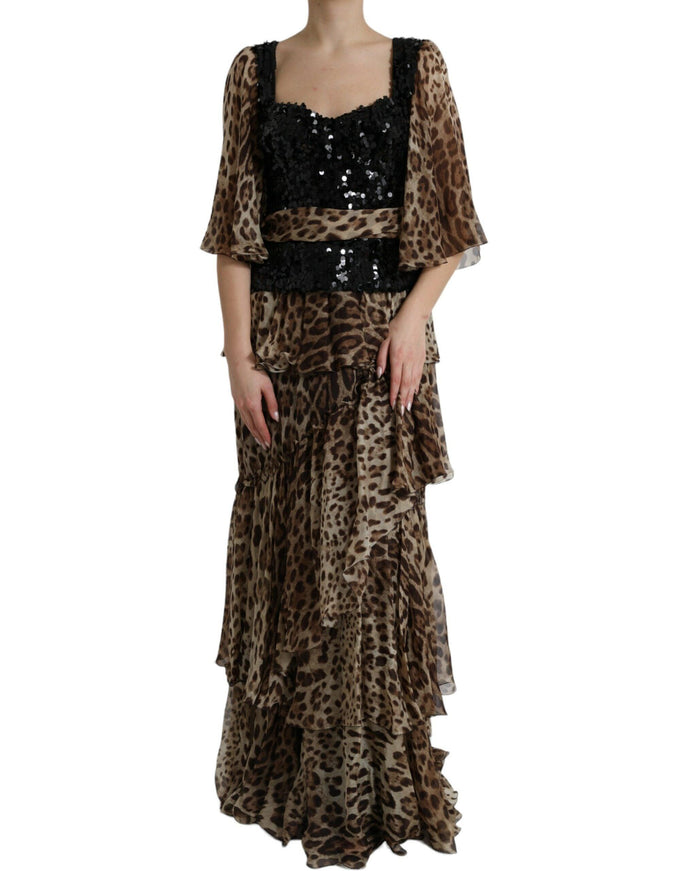 Dolce & Gabbana Brown Leopard Sequined Tiered Long Gown Dress - Ellie Belle