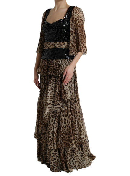 Dolce & Gabbana Brown Leopard Sequined Tiered Long Gown Dress - Ellie Belle