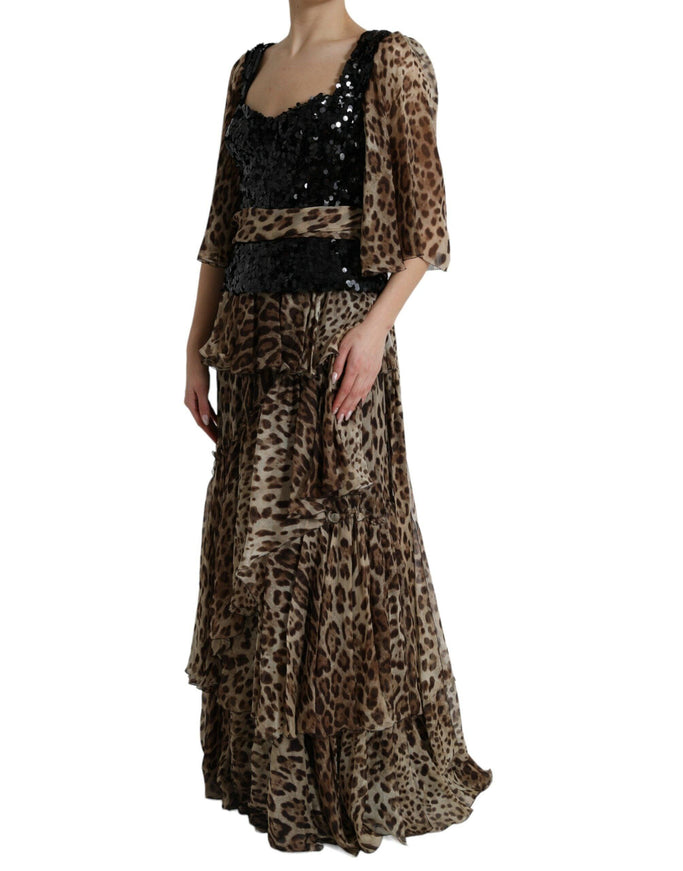 Dolce & Gabbana Brown Leopard Sequined Tiered Long Gown Dress - Ellie Belle