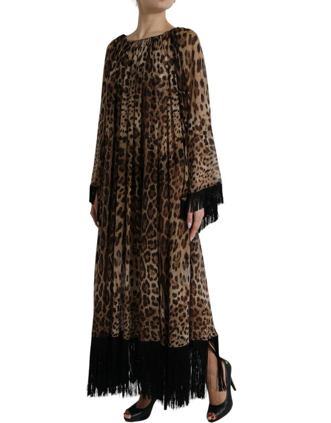 Dolce & Gabbana Brown Leopard Silk Kaftan Fringes Maxi Dress - Ellie Belle