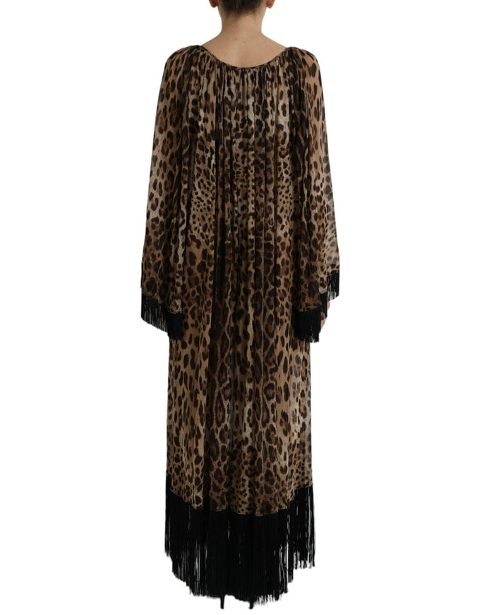 Dolce & Gabbana Brown Leopard Silk Kaftan Fringes Maxi Dress - Ellie Belle