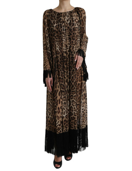 Dolce & Gabbana Brown Leopard Silk Kaftan Fringes Maxi Dress - Ellie Belle