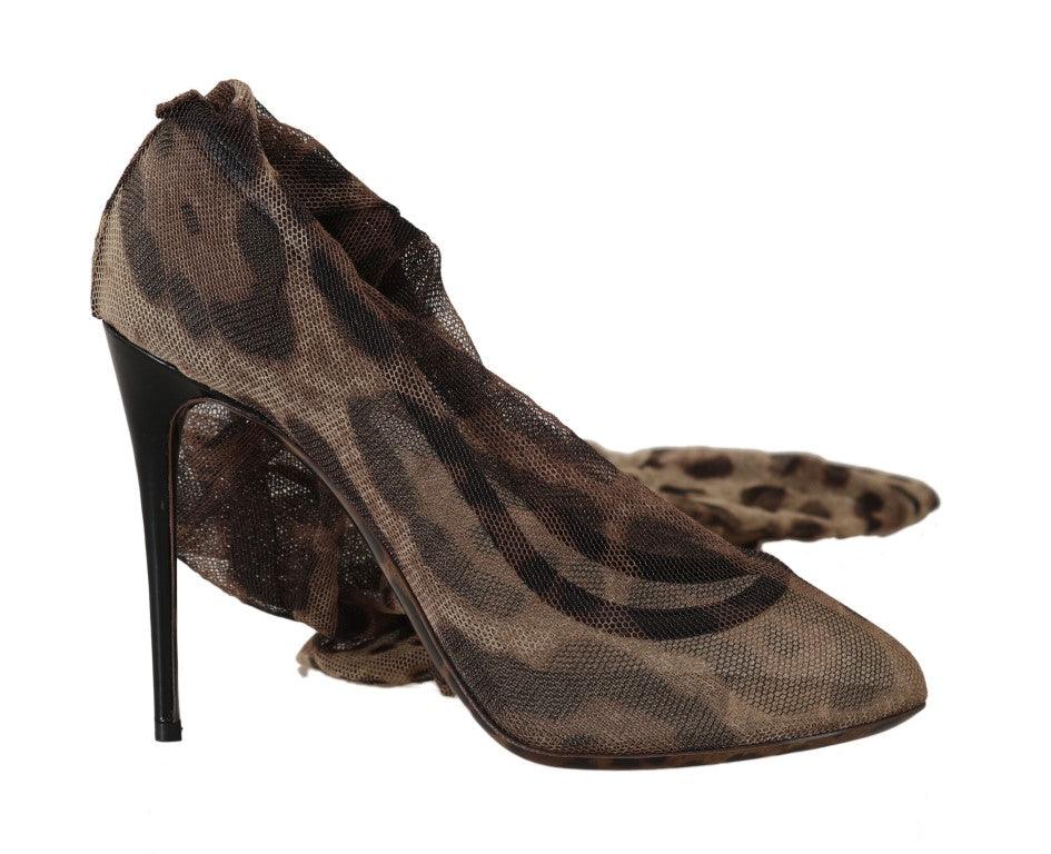 Dolce & Gabbana Brown Leopard Tulle Long Socks Pumps - Ellie Belle