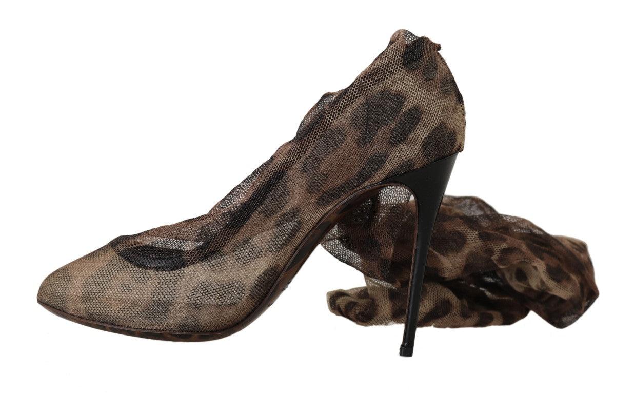 Dolce & Gabbana Brown Leopard Tulle Long Socks Pumps - Ellie Belle