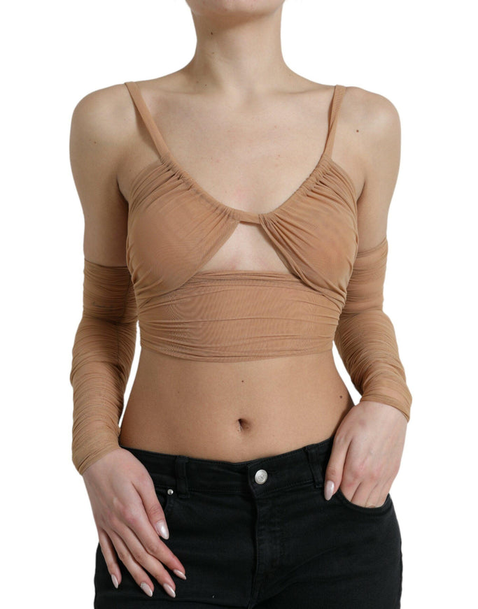 Dolce & Gabbana Brown Nylon Stretch Open Shoulder Cropped Top - Ellie Belle