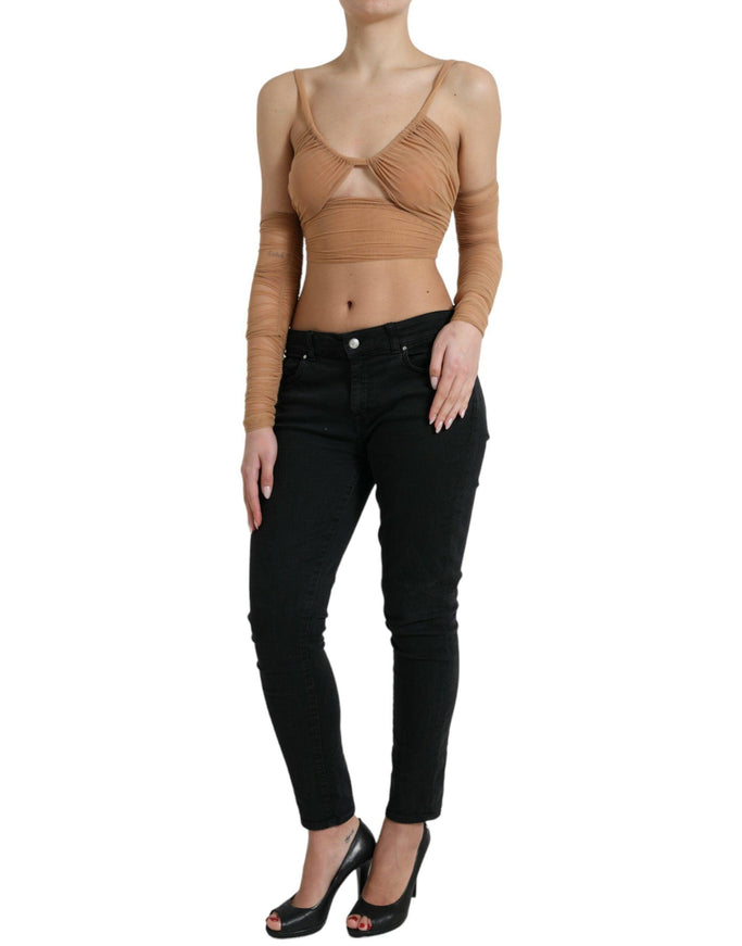 Dolce & Gabbana Brown Nylon Stretch Open Shoulder Cropped Top - Ellie Belle