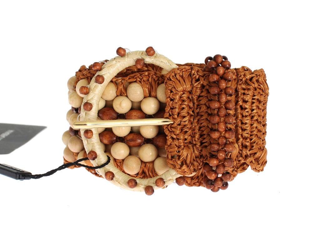 Dolce & Gabbana Brown Raffia Wood Beaded Wide Waist Belt - Ellie Belle