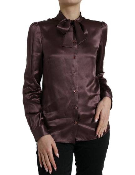 Dolce & Gabbana Brown Silk Ascot Collar Long Sleeve Blouse Top - Ellie Belle