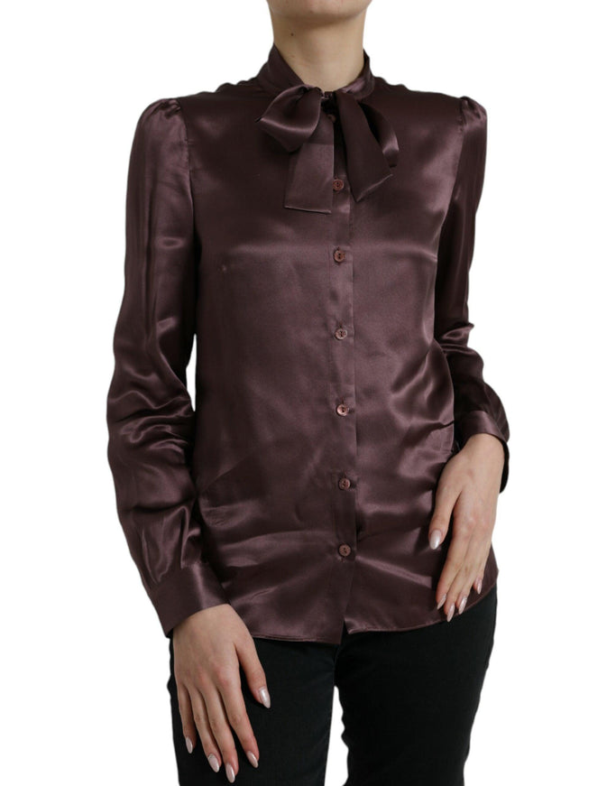 Dolce & Gabbana Brown Silk Ascot Collar Long Sleeve Blouse Top - Ellie Belle