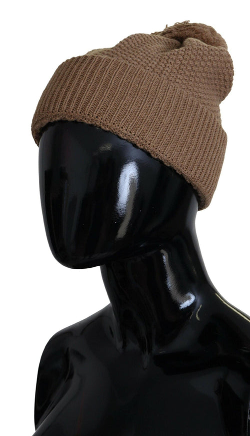 Dolce & Gabbana Brown Solid Knitted Fur Ball Winter Beanie Hat - Ellie Belle