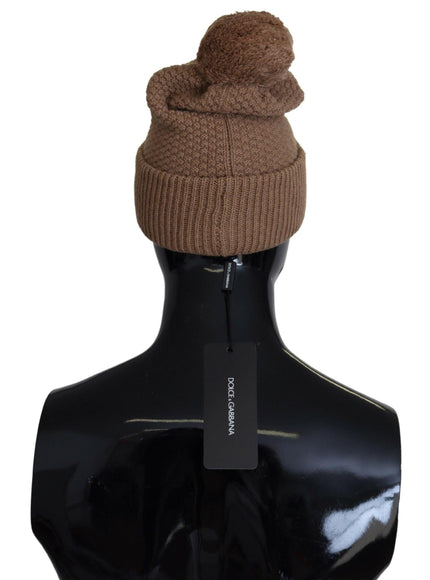 Dolce & Gabbana Brown Solid Knitted Fur Ball Winter Beanie Hat - Ellie Belle