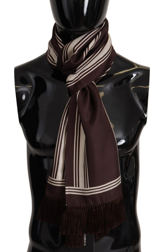 Dolce & Gabbana Brown Stripes Silk DG Printed Shawl Fringe Scarf - Ellie Belle