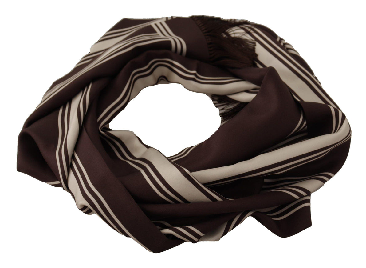 Dolce & Gabbana Brown Stripes Silk DG Printed Shawl Fringe Scarf - Ellie Belle