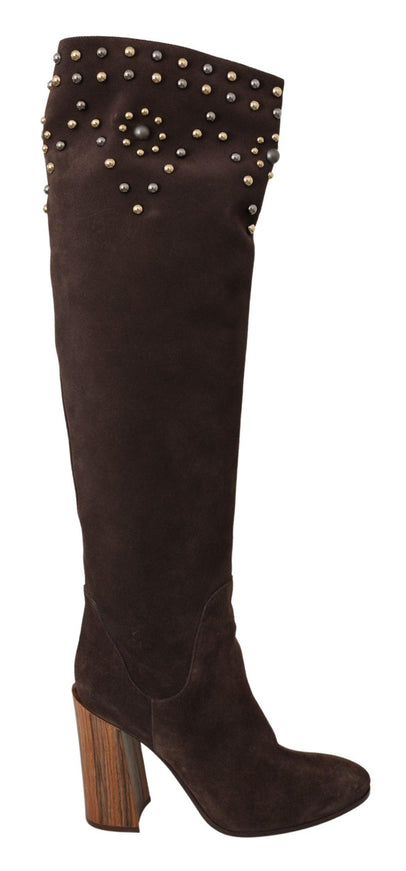 Dolce & Gabbana Brown Suede Studded Knee High Shoes Boots - Ellie Belle